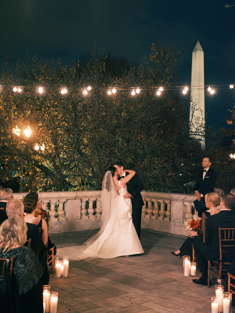 Bistro Lights Fall DAR Wedding Ceremony on the Portico Terrace
