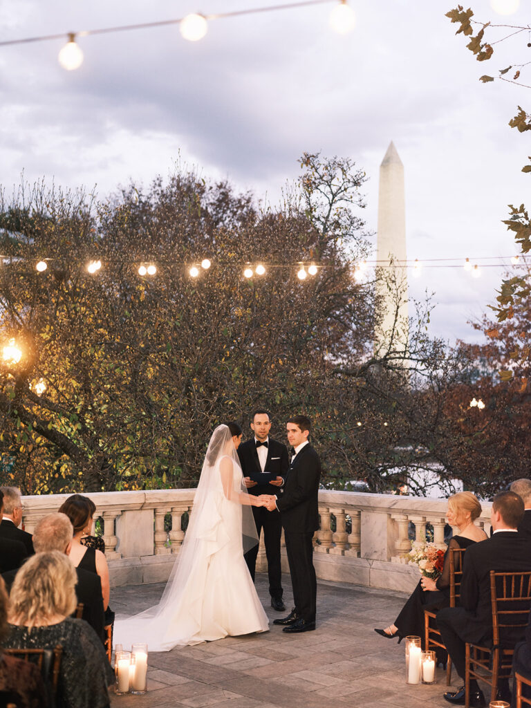 Bistro Lights Fall DAR Wedding Ceremony on the Portico Terrace